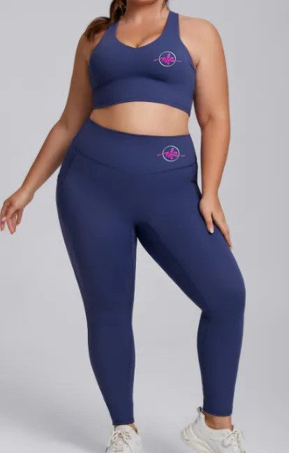 2-Piece Sports Bra & Leggings Set (Navy V-Neck)