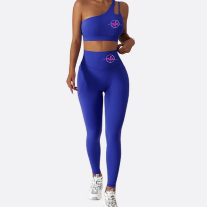 2-Piece Sports Bra & Leggings Set (Blue Single Shoulder Strap)